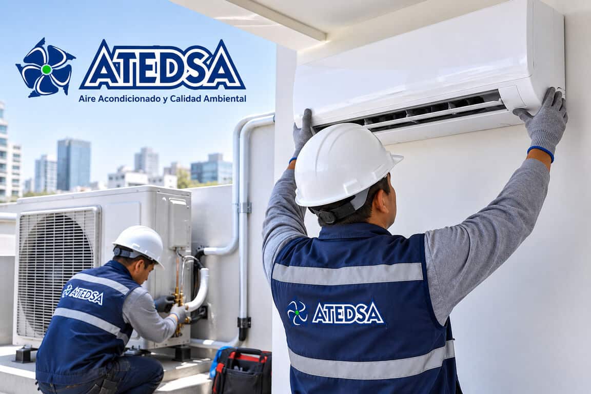 Técnicos de Atedsa instalando un aire acondicionado split en Lima